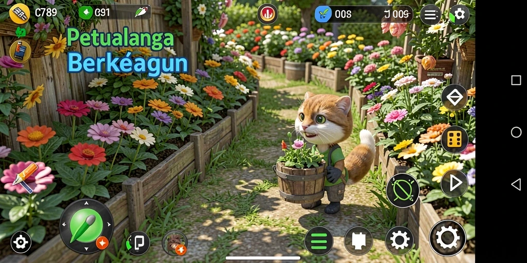Screenshot permainan C789 menampilkan kebun yang hijau dan subur.
