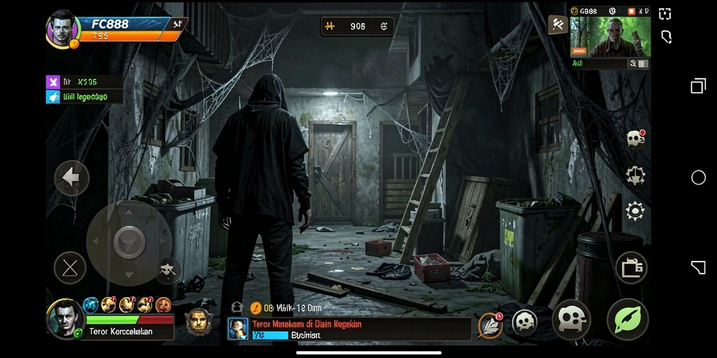 Tampilan gameplay FC888 dengan suasana horor yang mencekam.