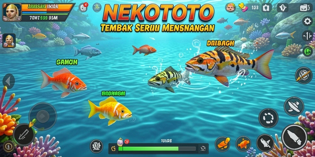 Tampilan gameplay seru dari NEKOTOTO saat menembak ikan.