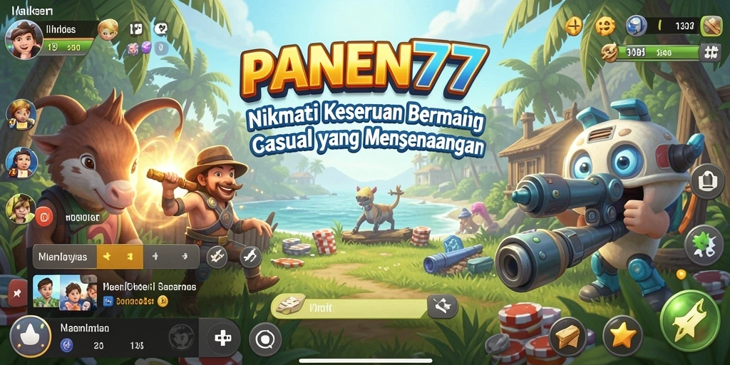 Tampilan gameplay PANEN77 yang ceria dan penuh warna.