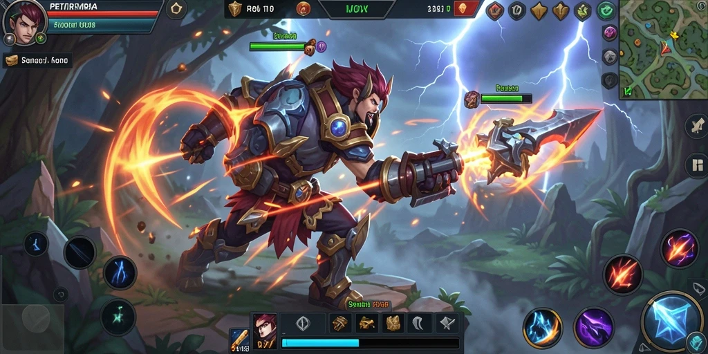 Screenshot gameplay PETIRRP yang menampilkan pertarungan antar tim MOBA.